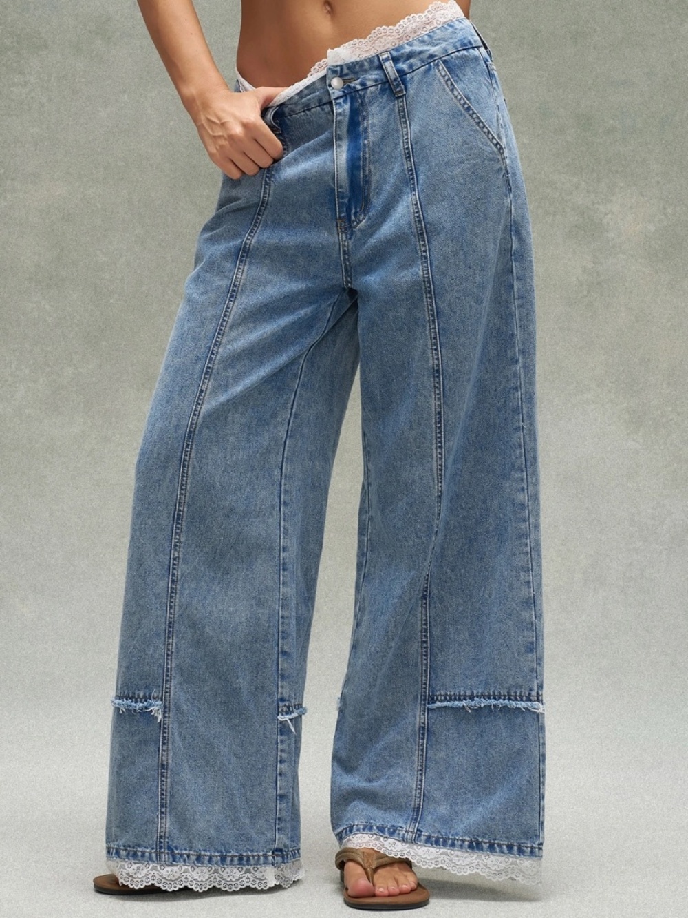 Light Wash Lace Detail wide Leg Denim Jeans